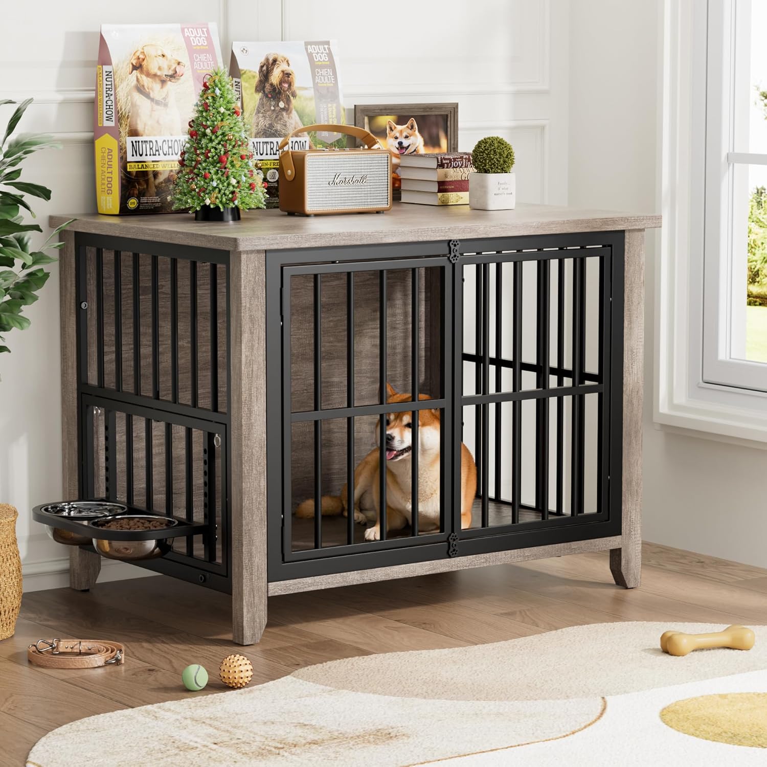 Dog Crate Furniture with Bowls