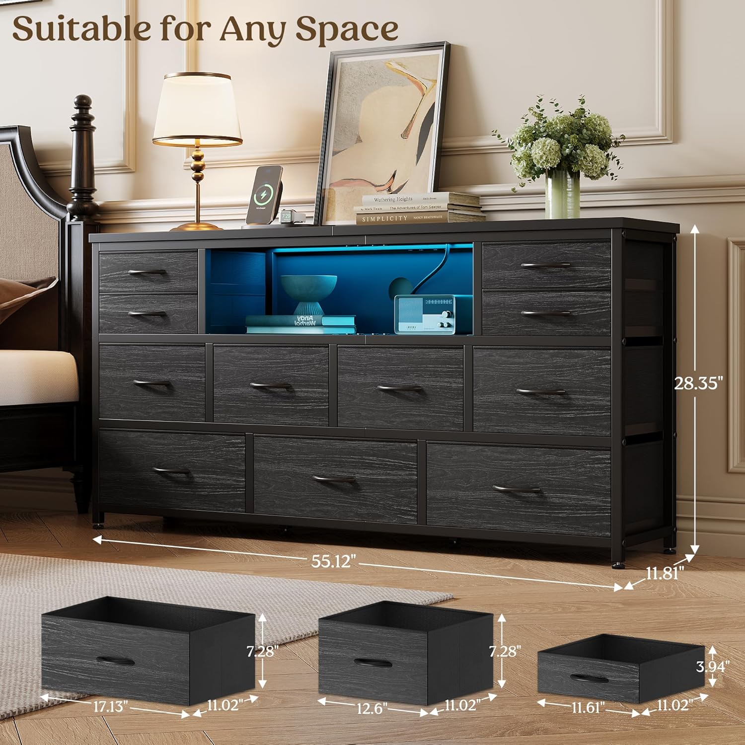 Dresser TV Stand for Living Room with 11 Fabric Drawers