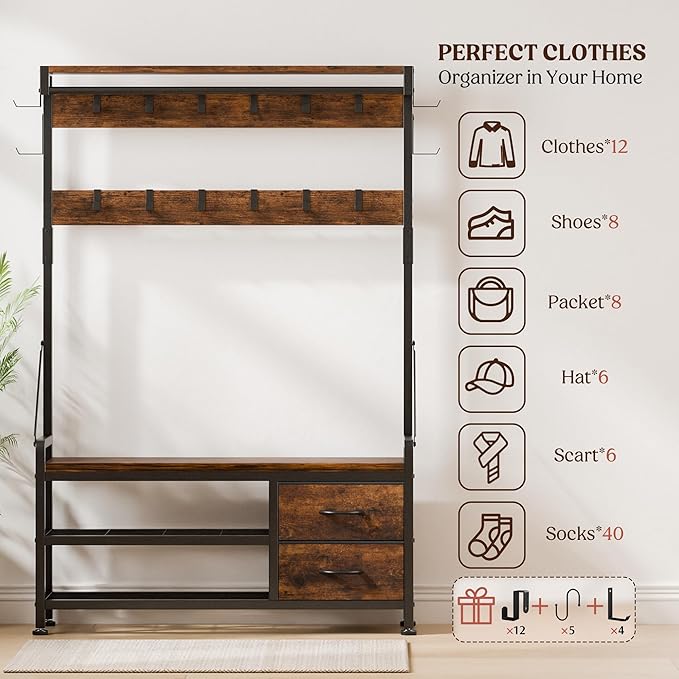 Hall Tree with Long Bench and Shoe Storage